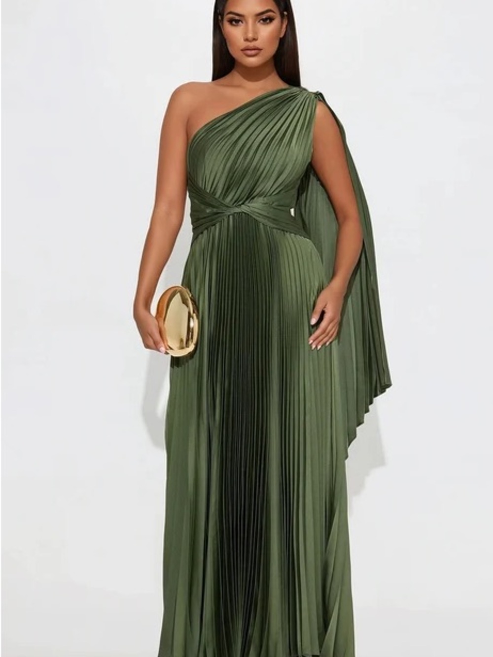 Athena Olive One-Shoulder Pleated Evening Gown